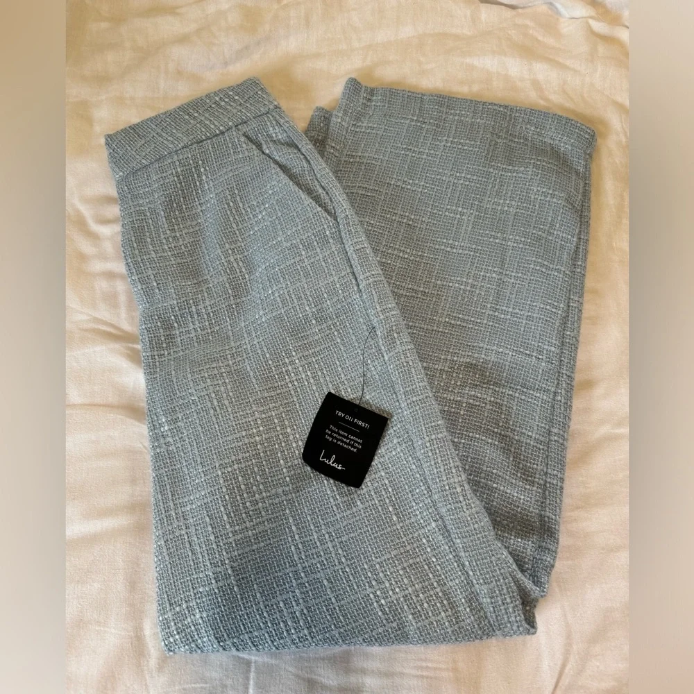 NWT Lulu’s Chic Light Blue Tweed Wide-Leg Pants - Picture 5 of 8